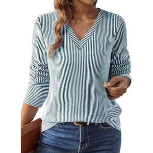 FLAMINGALS Womens Striped V Neck Puff Sleeve Long Sleeve Shirt Top Plus Size L